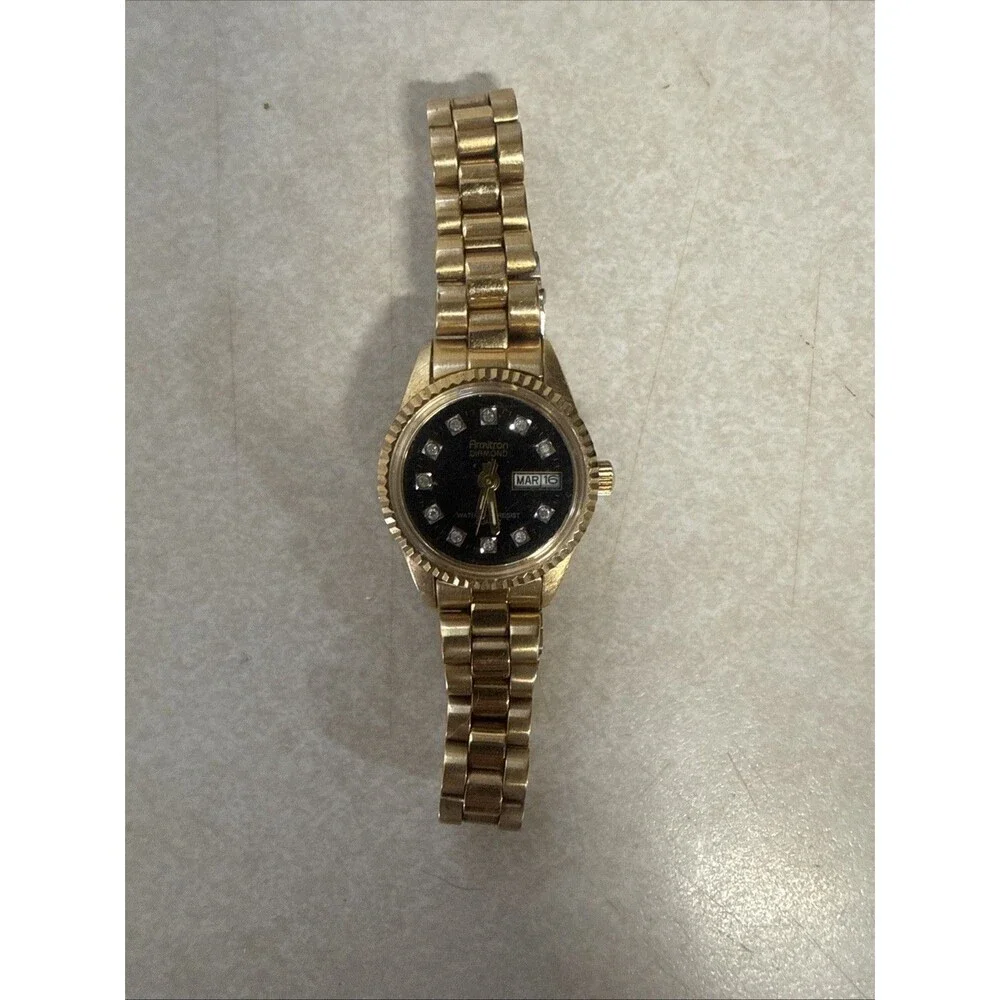 Vintage Armitron Diamond Quartz Women's Gold Tone Datejust Watch Black Dial Read